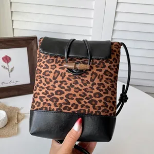 Women Leopard Print Bucket Bag Small PU Leather Splicing Shoulder Bag Retro Polka Dot Crossbody Bag Wood Toggle Buckle