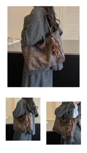 Retro leopard print large tote bag with plush bear pendant, casual stylish shoulder bag.