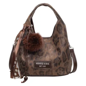 Braune Damen Handtasche Leo Design Umhängetasche mit flauschigem Plüschball Anhänger