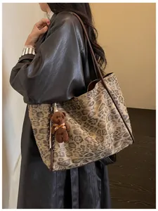 Retro leopard print shoulder bag, large capacity tote bag for women, stylish autumn handbag.