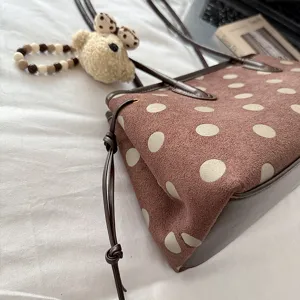 Brown polka dot tote bag with cute bear charm, stylish suede shoulder bag for women daily commute.