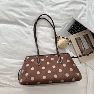 Brown suede polka dot shoulder bag, vintage casual commuter tote bag for daily fashion use.