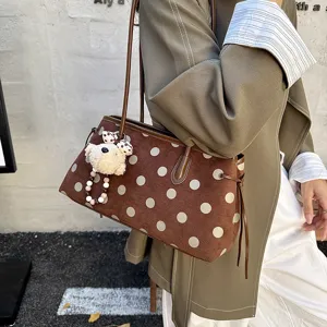 Stylish brown polka dot shoulder bag, large capacity canvas tote bag for women daily commute.