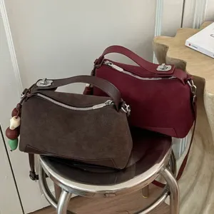 Women's Minimalist Suede Patchwork Handbag Chic Autumn Commuting Shoulder Crossbody Bag Retro Small Pillow Bag With Stitching