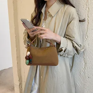 Stylish brown autumn women handbag, casual daily commute vintage shoulder crossbody bag.