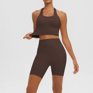 Femme soutien-gorge de sport marron short de yoga taille haute ensemble fitness sport