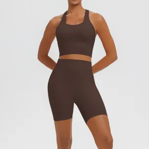 Ensemble fitness yoga marron femme brassière de sport et short taille haute actif