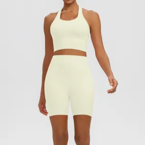 Ensemble de Sport Femme Soutien-Gorge Halter et Short de Yoga Taille Haute Jaune Clair