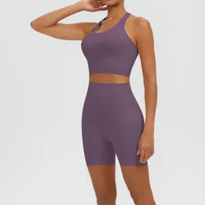 Ensemble de yoga de sport pour femme haut court de fitness respirant short de course violet