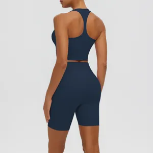 Ensemble de sport pour femme bleu marine soutien-gorge de sport short de yoga taille haute
