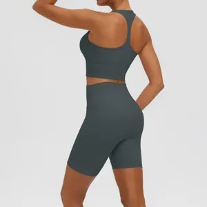 Ensemble soutien-gorge de sport et short de yoga taille haute gris foncé pour femmes