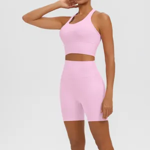 Ensemble de yoga rose pour femme soutien-gorge de sport dos-nu short de fitness