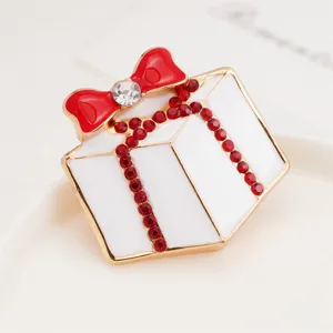 Christmas gift box brooch pin with red bow and sparkling rhinestones for women fashion jewelry.