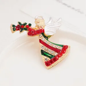 Christmas angel brooch with rhinestones and enamel, exquisite holiday decorative pin for women.