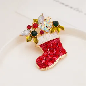 Exquisite Christmas stocking rhinestone brooch pin, vibrant holiday jewelry accessory for women.