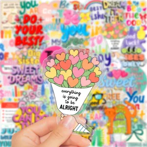 Close-up detail of heart flower bouquet inspirational English sticker with clear PET texture.