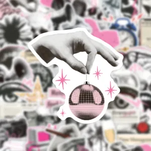 Retro aesthetic sticker featuring a halftone hand holding a pink disco ball for journaling.