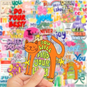 Cute cartoon motivational English PET sticker featuring orange cat and inspiring quote.