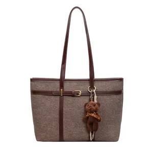 Vintage brown tweed tote bag large capacity shoulder handbag with cute plush bear pendant.