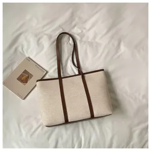 Large capacity canvas tote bag with brown leather contrast trim, casual commuter handbag for women.