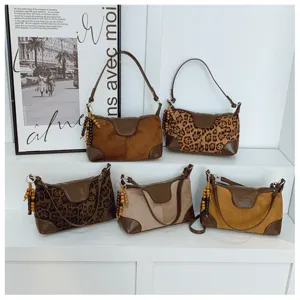Vintage suede shoulder underarm bag for women, stylish contrast color tote with bead charm