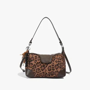 Retro leopard print shoulder underarm bag for women, stylish commuting tote bag with beads.