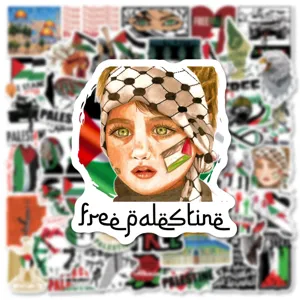 Vista dettagliata di un adesivo graffiti a tema Palestina con illustrazione centrale.