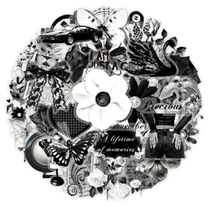 Confezione di adesivi vintage in bianco e nero, decalcomanie decorative per scrapbooking.