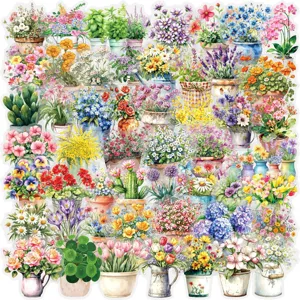Detailed view of watercolor floral potted plant PET stickers, vibrant flower designs for DIY.