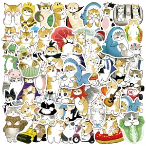 Cute cartoon cat stickers pack, waterproof vinyl decals for laptop, water bottle, and journal.