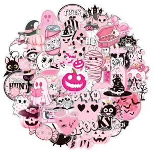 Cute pink Halloween PET stickers set featuring various spooky cartoon designs for creative decor.