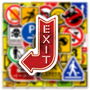 Detailed view of red EXIT arrow warning sticker from waterproof graffiti sticker pack for skateboard.