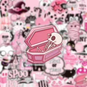 Cute pink Halloween skeleton in coffin sticker, waterproof vinyl aesthetic spooky decor decal.