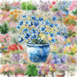 Watercolor potted blue flower PET sticker, beautiful floral design for DIY crafts notebook.