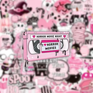 Pink Halloween horror movie VHS tape PET sticker, cute waterproof decal for journaling.
