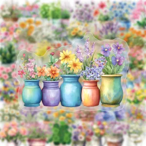 Waterproof PET watercolor flower vase stickers, cute floral decorative decals for DIY crafts.