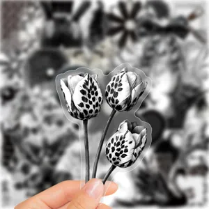 Adesivo trasparente vintage con fiori di tulipano in bianco e nero e design a motivi unici.