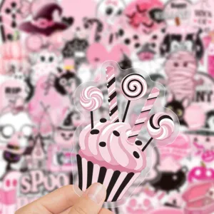 Pink Halloween cupcake PET sticker detail shot, waterproof cute cartoon festival decal.