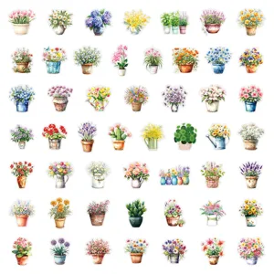 Waterproof watercolor potted flower PET stickers, 50pcs aesthetic floral DIY decals.