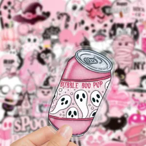 Pink Halloween PET sticker detail showing cute ghost soda can design waterproof decorative decal