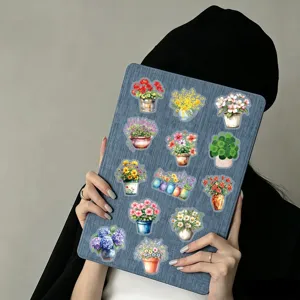 Watercolor floral potted plant PET stickers detail view, premium transparent design for DIY crafts.