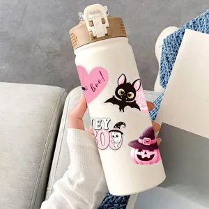 Detailed close-up of a stylish pink Halloween water bottle decorated with cute festive stickers.