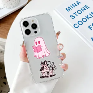 Clear phone case with cute pink Halloween ghost and haunted house stickers for decoration.