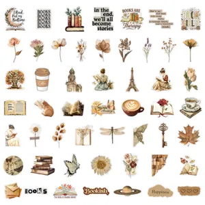 50pcs vintage reading book stickers aesthetic stationery scrapbook waterproof decals for cup