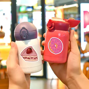 Cute pink insulated water bottle with sweet cartoon stickers portable travel cup for daily use