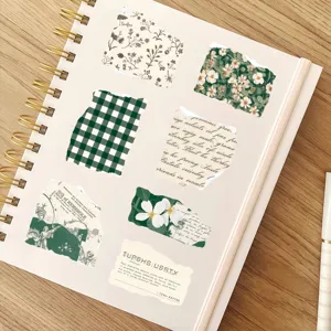 Vintage green torn paper stickers detail showing botanical patterns, grid, and retro text.