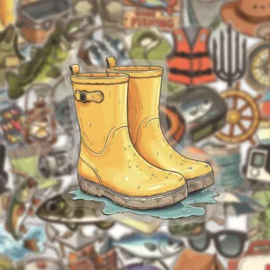 Detailansicht des gelben Gummistiefel Aufklebers mit einem tollen Angeln Hintergrund.
