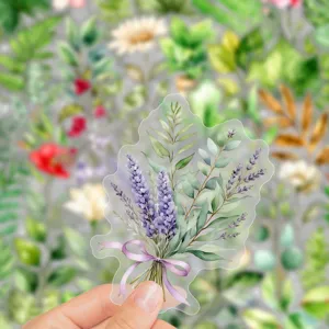 Close-up detail shot of a transparent waterproof floral sticker with lavender bouquet.