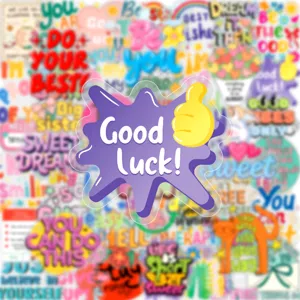 Detail view of 50pcs cartoon motivational English PET stickers featuring trendy aesthetic quotes.