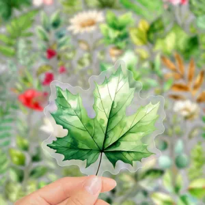 Close-up view of a transparent waterproof maple leaf sticker, perfect for DIY journaling.